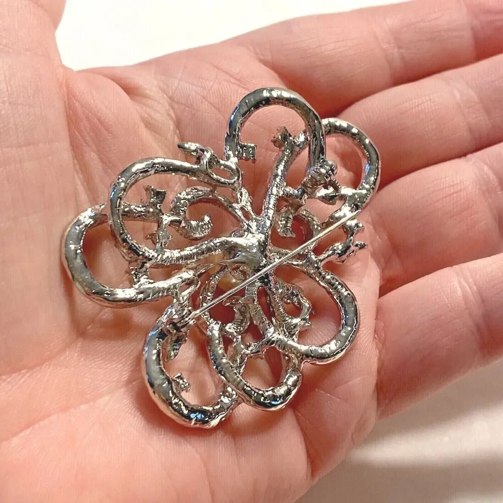 Vintage inspired silver brooch clear white rhinestones & single faux pearl pin